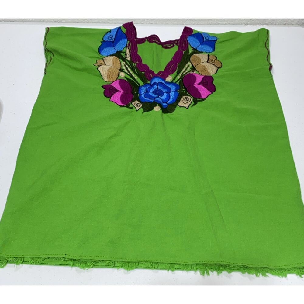 VTG Artisanal Embroidered Shirt Green Mexican Handmade Hand Sewn‎ Women’s Large